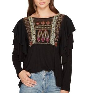 Free People La Cienega embroidered tier ruffle sleeve top SzL
